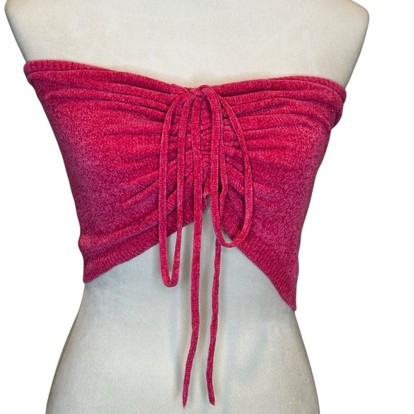 Urban Outfitters Hot Pink Ruched Front Tie Back Cropped Bandeau Size Small - Picture 6 of 15